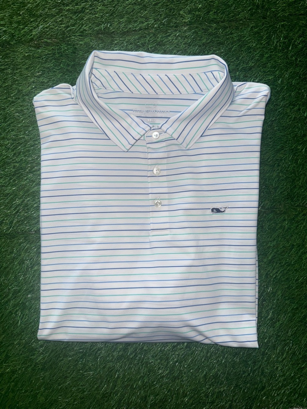Vineyard Vines White Polo with Blue & Green Stripes XXL